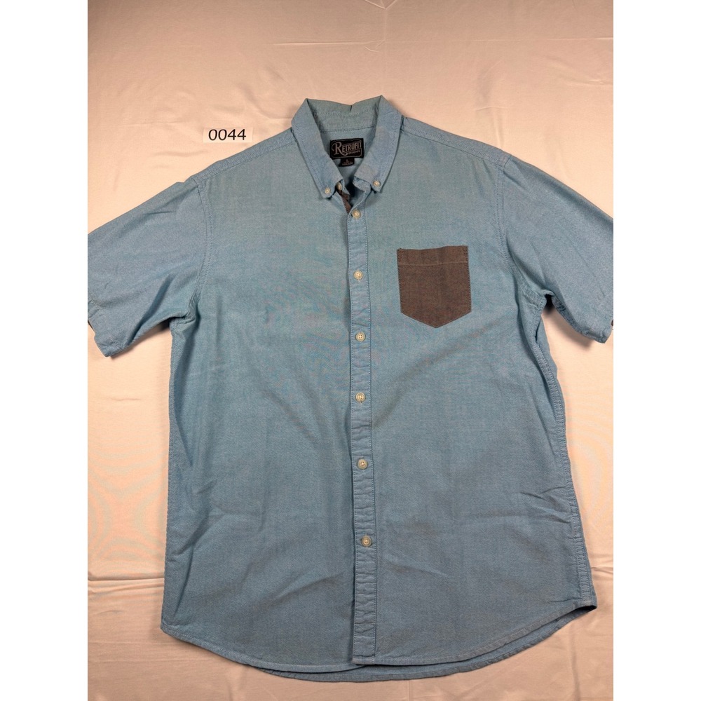 Retrofit Mens Large Light Blue Short Sleeve Button Down Shirt Grey Pocket Cotton